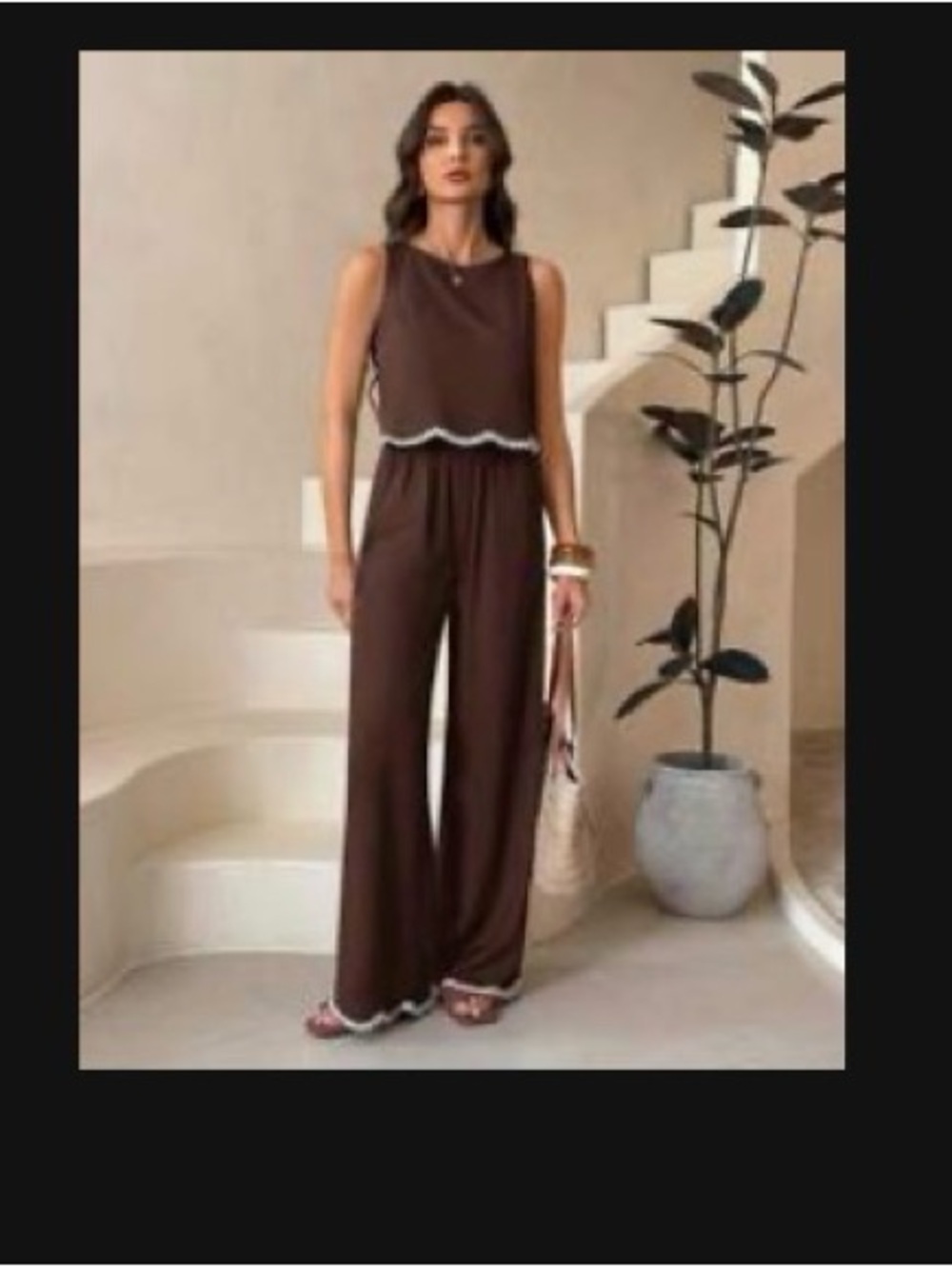 Women's Brown Wide-Leg set with Scallop Trim